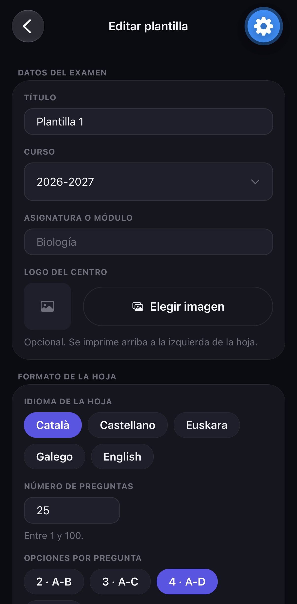Datos del examen